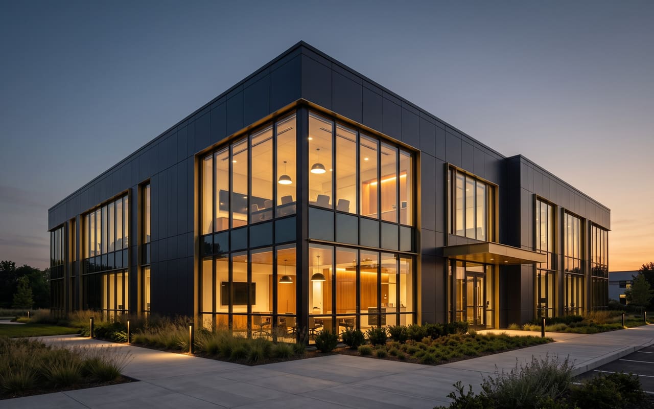 Completed design-build commercial building at dusk with glass curtain walls