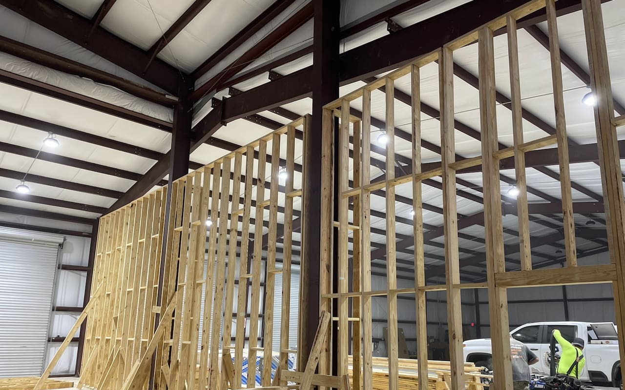 Interior wall framing during a commercial tenant finish-out build-out